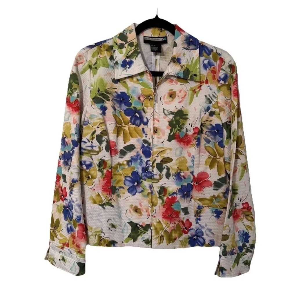 Requirements Jacket Womens 10 Multicolor Floral Cotton Zip Front Collared Spring